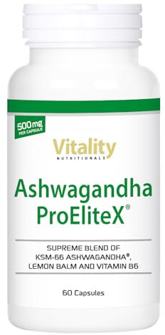 Ashwagandha Kapseln Hochdosiert & Vegan I Ashwagandha Komplex mit Vitamin B6 und Zitronenmelisse (60 Stk) ProEliteX Vitality Nutritionals by VitaminExpress