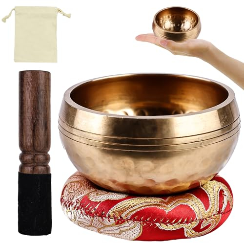 Tibetische Klangschale, 8cm Handgehämmert Klangschale, Meditation Klangschalen, Klangschale Mit Klangschalenkissen, Klangschalen Set für Heilung, Bewusstseinsbildung Und Meditation (Lederhammer)