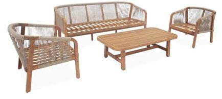 sweeek - Salon de Jardin en Bois et Cordes. Acacia. Coussins Beige. 5 Places