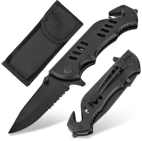 Shehadeh - Couteau de poche pliant - Couteau d'extérieur en acier inoxydable martelé - Pour l'extérieur, le camping et la survie - Extrêmement résistant