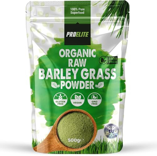 Organic Barley Grass Powder 500g - Certified Organic Grown in EU - 100% Raw Natural Gluten Free Superleaf Superfood Powder for Smoothies & Juices PROELITE