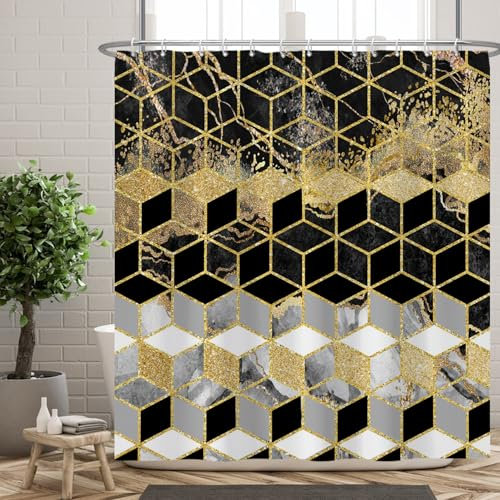 Ttincceer Rideau de Douche en Marbre Or Noir 180x180cm - Salle de Bain Étincelante, Motif Géométrique Moderne, Gris et Noir, Baignoire Étanche