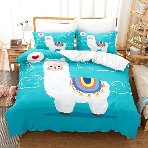 NDXRWDZR Bettwäsche 135x200 Blaues Alpaka Bettwäsche-Set mit Reißverschluss Schließung für Kinder Weicher Atmungsaktive Mikrofaser Bettbezug + 2 Kopfkissenbezug 80x80 cm