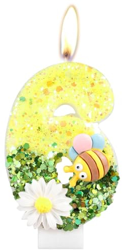 Flower Birthday Number Candles, 6th Bee Birthday Party Candles, Yellow Flower Bee Theme Number Candles for Boys Girls Baby