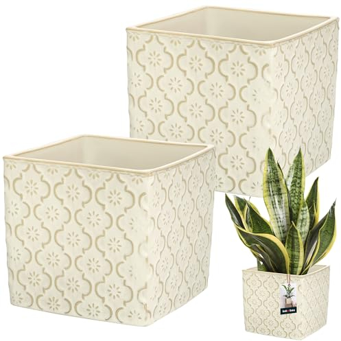 KOTARBAU® Maceta de cerámica cuadrada vintage crema, 13 x 13 cm, altura: 13 cm, cerámica esmaltada, 2 unidades, maceta cuadrada, maceta interior, maceta de cerámica, macetas originales