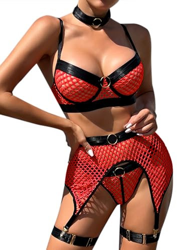 Aranmei Sexy Lingerie for Women Fishnet Bra and Garter Belt Panty Set 5 Pieces Bra Set with Cut-Out Hollow Underwear Garter Choker Babydolls, Red, XL