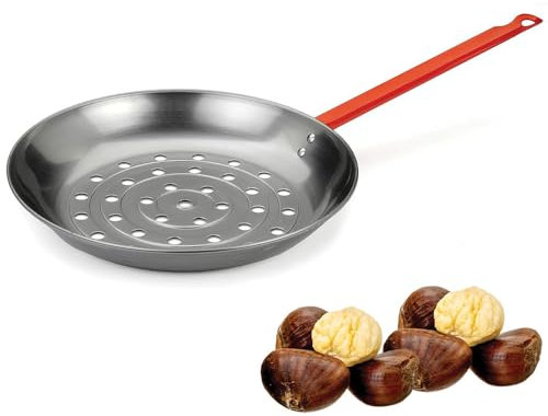 PALUPLUS Padella per Caldarroste, Diametro 26 cm, Salta Castagne con Manico Rosso Verniciato, Padella Forata Arrostacastagne -7262