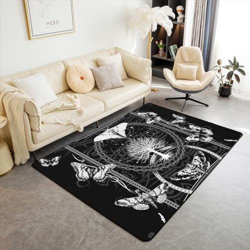 richhome Dead Moth Area Rug Bohemian Style Tree Plants Decor Non Shedding Rug for Kids Teens Adults Exotic Moth Butterfly Geometric Decor Non Slip Rug for Office Couch Chairs 5'x6'6