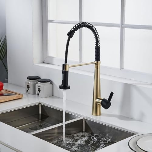 Kitchen Sink Taps Mixer with Pull Out Spray 1 Hole Spring Swan Neck Tap 360° Rotating,Brushed Gold + Black