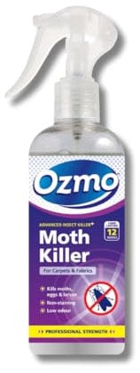 Ozmo Moth Killer Spray, 250ml, Kills Moths, Eggs and Larvae, Safe for Home, Fragrance - Free, Use in Wardrobes and Drawers, Hard Surfaces, Carpets, Fabrics, Curtains, Soft Furnishings