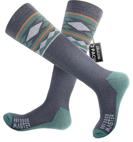 OutdoorMaster 2 Paires Unisexe en Laine Mérinos Chaussettes de Ski pour Homme & Femme, Chaussettes d'Hiver de Snowboard Respirantes Thermoactives pour Sports de Plein Air avec Design au-dessus du
