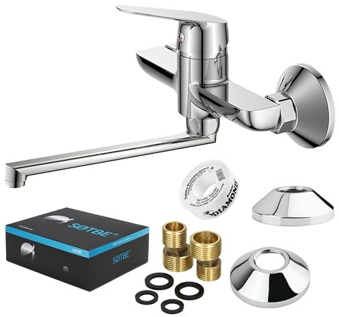 SOTBE VANTAA - Wasserhahn Wandmontage Küche – MESSING - Küchenarmatur Wandmontage - Niederdruck Armatur, Waschtischarmatur für Bad – Armaturenauslauf 30cm