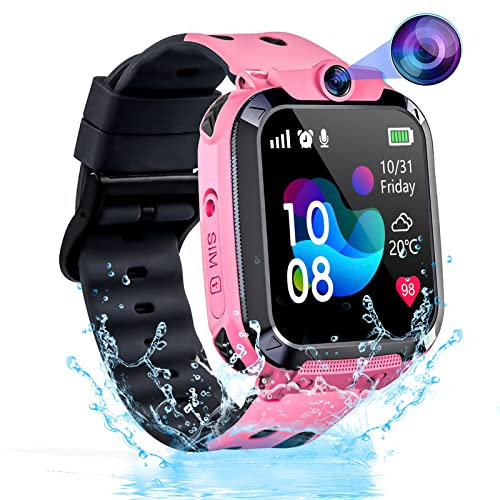 Kesasohe Smartwatch Kinder mit GPS und Telefon, Wasserdicht Handy Uhr Kinder Smartwatch mit Anruffunktion IP68 SOS Spiel Voice Chat Wecker Schulmodus Kinderuhr Geschenk für Jungen Mädchen Student