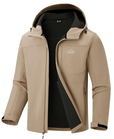donhobo Men's Outdoor Softshell Hiking Jackets,Men's Waterproof Winter Fleece Coats,Outdoor Windproof Rainproof Warm Many Pockets jacket With Hood Khaki M