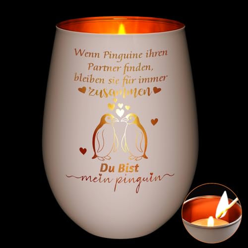Livole Valentinstag Jahrestag Geschenk für Sie,Windlicht mit Gravur Du bist Mein Pinguin,Teelichthalter Geburtstag Geschenke Liebes Geschenke für Freundin,Geschenk Valentinstag für Sie Ihn Paare