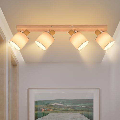 Glitzerlife Deckenstrahler 4 Flammig Holz Deckenleuchte - Deckenlampe E14 Vintage Deckenspots Strahler Schwenkbar 350° Spotlight Retro Wohnzimmer Küche Schlafzimmer Ohne Leuchtmittel