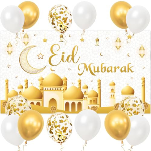 EID Mubarak Dekoration, EID Mubarak Hintergrund Banner, Ramadan Luftballons Weiß Gold Confetti, Ramadan Kareem Deko für Islam Eid Dekoration Partyzubehör