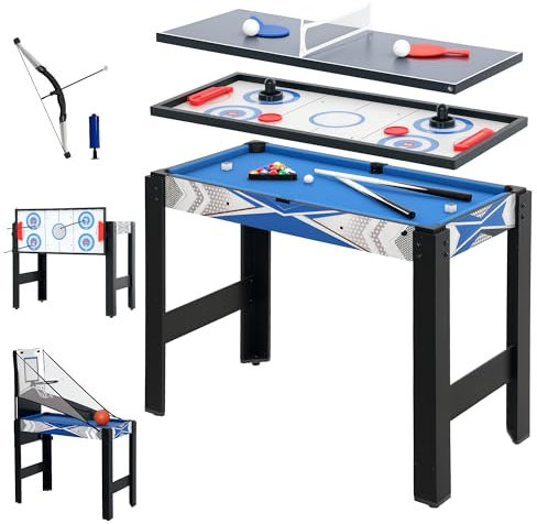 SPORTNOW Table de Jeux Multifonctions 5 en 1, Mini Table Multi-Jeux, Billard, ping-Pong, Hockey, Jeu d'arcade de Basket-Ball, Arc et flèche, Bleu