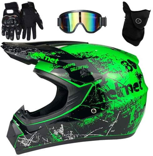 Motocross-Helm, Youth Kid DOT Integralhelm für Offroad-Sportmotorräder, Unisex-Downhill-MTB-ATV-Dirtbike-Helm, mit Schutzbrille, Maske und Handschuhen