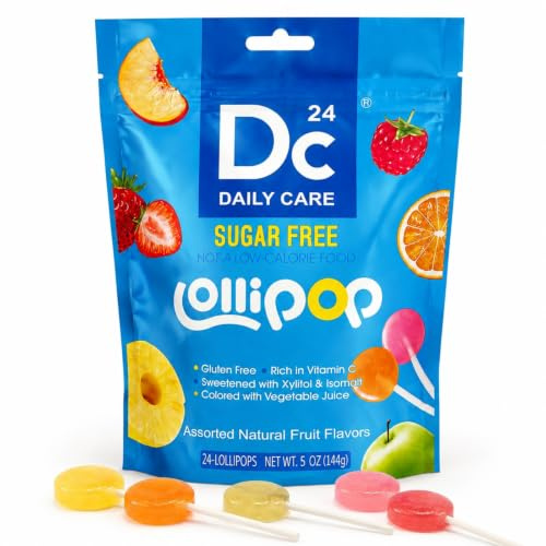 DC24 DAILY CARE Lollipops, Rich in Vitamin C Pops, Fruit Variety, 24 Ct | Sugar free Suckers, Anti Cavity, Fruit Variety Flavored 24 Lollipops for Kids, Allergy Friendly, Gluten Free, Non-GMO, 5 OZ