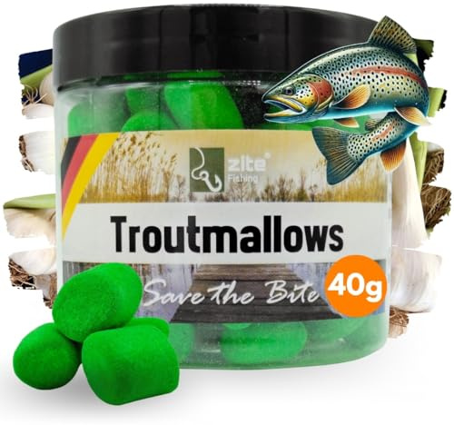 Zite Fishing Trout Mallows Forellenköder - Hochfängiger Forellenteig auftreibend - Troutmallows Starke Aromen & Leuchtende Farben 40g Dose Forellen Köder Grundmontage Naturködern (Knoblauch grün)