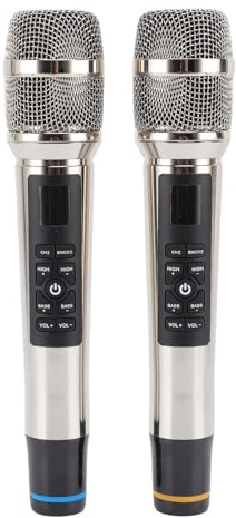 Plyisty Wireless Microphones, Metal Handheld Cordless Dynamic Mic System with Rechargeable Receiver, Built in Reverb, Microphone Set for Karaoke, Singing, Wedding, DJ, Party, Speech