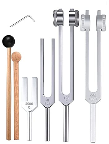 FutureHight 4 StüCke Stimmgabel Set (128 Hz, 136,1 Hz, MI 528 Hz, 4096 Hz), für die Heilung Von Chakra, Klangtherapie, Stressabbau
