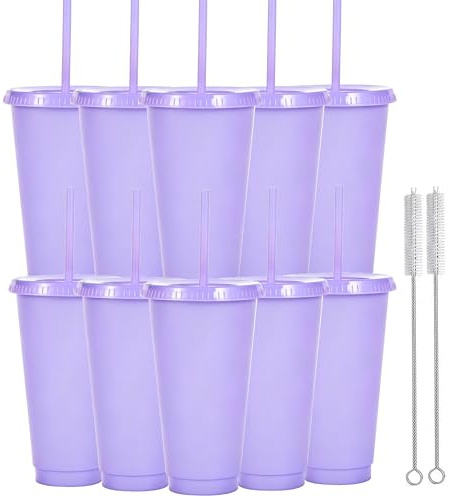 Yisituo 710ml Reusable Plastic Cups, 10 Pack Cold Cups with Lid and Straw, Tumblers Travel Mugs for Adults and Madam Party and Beach, Pool Gatherings (10, Light Purple)