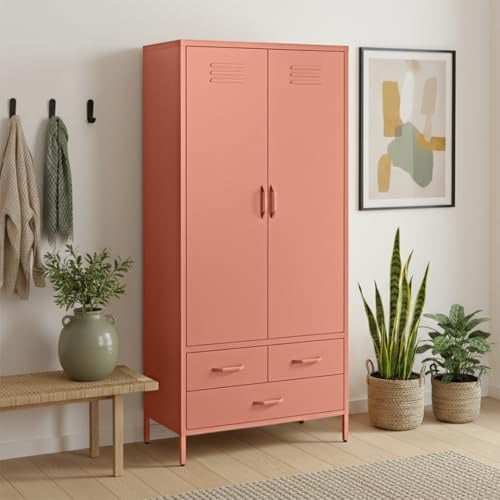 skølm Atria Kleiderschrank 80cm, 6 Fächer, Terrakotta, Metall, 3 Schubladen | Metallschrank, 2 Kleiderstangen, Garderobenschrank, Metallkleiderschrank breit, Schlafzimmerschrank/Flurschrank stabil