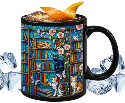 Reader Mug - Bookshelf Design | 3D Book Mug with Cats | Coffee Cup for Booksellers Teachers Librarians Book Lovers Creative Cup for Tea Water Office Home Office Colourful Shiny