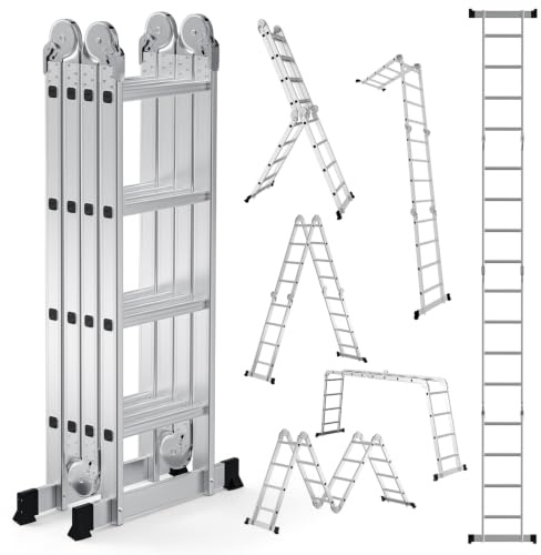 Monucep 7 in 1 Mehrzweckleiter 4x4 Stufen 468 cm aus Aluminium bis 150 kg | Multifunktionsleiter als Klappleiter, Gelenkleiter und Vielzweckleiter für den Haushalt