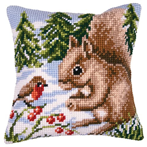 Vervaco Winter Scene Squirrel/Robin Cross Stitch Cushion, Multi-Colour