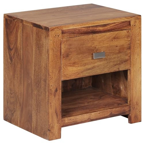 FineBuy Nachttisch aus Sheesham Massiv-Holz 40 x 40 x 30 cm, Nacht-Kommode braun mit 1 Schublade und 1 Ablagefach, Nachtschrank Landhaus-Stil Echt-Holz
