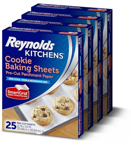 Reynolds Kitchens Cookie Baking Sheets, Pre-Cut Parchment Paper, 25 Count per Pack (Pack of 4), 100 Sheets Total