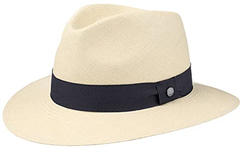 LIERYS The Sophisticated Panamahut Damen/Herren - Handmade in Ecuador - Panamastrohhut - Strohhut aus Panamastroh - Sommerhut mit Ripsband Natur-dunkelblau S (55-56 cm)