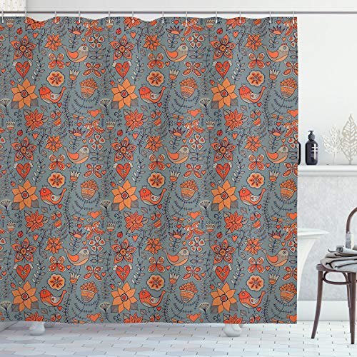 ABAKUHAUS Natur Duschvorhang, Doodle Vögel Blumen, Stoffliches Gewebe Badezimmerdekorationsset mit Haken, 175 x 200 cm, Blaugrau Orange