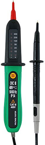 KPS-DT220 Detector de Tensión AC/DC 12-400 V con Prueba RCD, CAT III | Detecta tensión AC/DC de 12 a 400 V, identifica polaridad y permite realizar pruebas de disparo de diferenciales RCD.