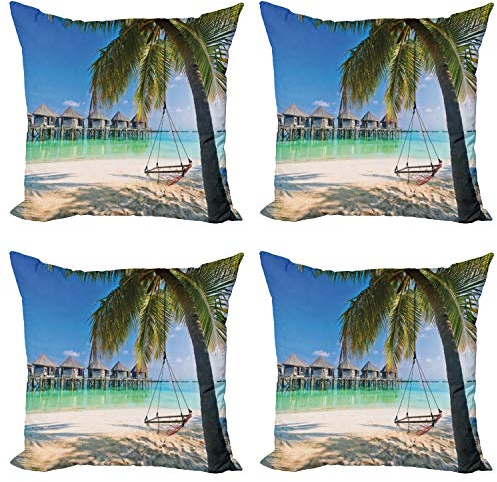 ABAKUHAUS Strand Dekokissen Kissenbezug 4er Pack, Karibik Tropical Coast, Modern Accent Doppelseitiger Digitaldruck, 50 x 50 cm, Türkis Aqua