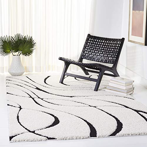 SAFAVIEH Zottelig Teppich für Wohnzimmer, Esszimmer, Schlafzimmer - Florida Shag Collection, Hoher Flor, Creme und Schwarz , 122 X 122 cm