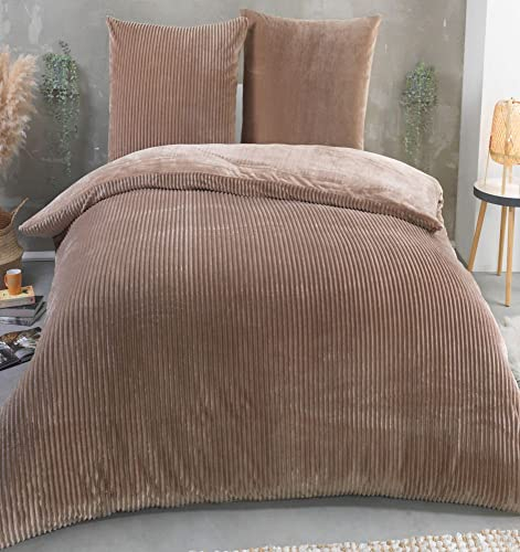 Kuscheli® Winter Wende Plüsch Bettwäsche 135 x 200 od. 155 x 220 mit 80x80 Kissenbezug Cashmere-Touch Coral Fleece Deckenbezug, Farbe:Taupe, Größe:155x220 + 80x80