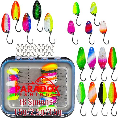 Paradox Fishing Forellen Spoon Box Set 18 Spoons mit Box und Snaps 1,5g/2,5g/3,5g Forellenköder Forellenteig Forellen Spoons - Spoons Forelle