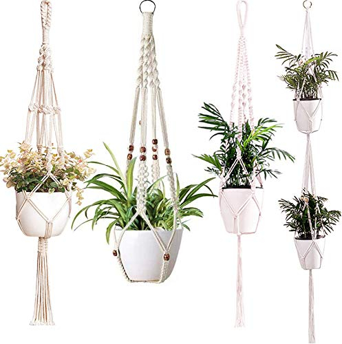 OAMENXI 4 Stück Makramee Blumenampel Baumwollseil Hängeampel, Blumentopf Pflanzen Halter Aufhänger Pflanzenhalter für Innen Außen Decken Balkone Wanddekoration (4)