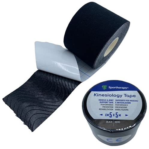 Tape Kinesiologico SPORTHERAPY: Allevia Contratture e Tensioni Muscolari - 90% Cotone, Non Contiene lattice - Certificato Dispositivo Medico | 5CM X 5M (Nero)