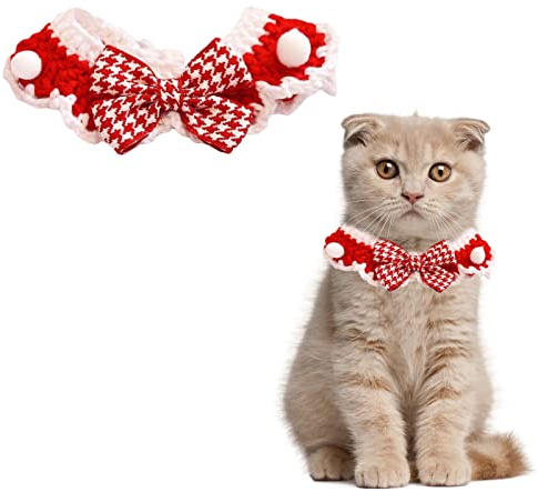 HACRAHO Weihnachtshundehalsband, 1 STÜCKE Katze Puppy Christmas Style Handstrick Wollkragen Mit Karierter Fliege Katze Weich Gestrickter Verstellbarer Kragen, Rot Und Weiß