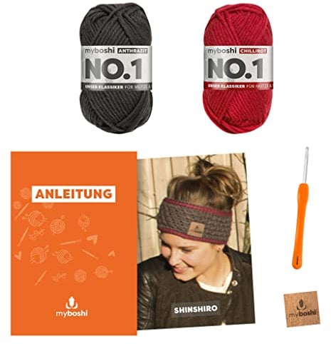 myboshi Häkelset Stirnband Shinshiro, inkl. No.1 Wolle, Nadel und Anleitung, für Mützen und Stirnbänder, Häkelpaket, 30% Merinowolle Grau, Rot, mit Rundstricknadel