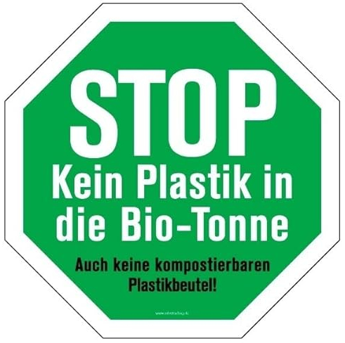 Aufkleber Hinweis STOP - Kein Plastik in die Biotonne.. Recycling Schild Folie Oktogon, grün | 5-30cm Made in Germany, Größen Name: 5x5 cm