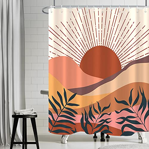 Uiiooazy Rideau Douche Anti Moisissure, Rideau Douche 180x180cm Terracotta Feuilles Bleu Abstrait Paysage Orange Rideaux de Baignoire Tissu Lavable Imperméable Rideaux Salle de Bain avec 12 Crochets