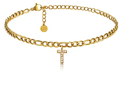 GD GOOD.designs Fußkettchen Gold mit Buchstaben T wasserfest mit 18K Vergoldung I Fussbändchen für Damen verstellbar aus Edelstahl (Buchstabe T) - Valentinstag - Geschenk für Sie
