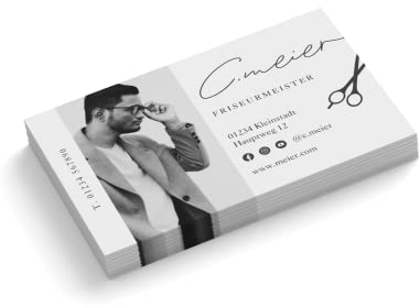 Visitenkarten personalisiert | mit Foto | Design Friseur | 1-seitig | Querformat | Menge + Farbe + Papier zur Auswahl | selbst gestalten | hochwertiger Druck (Weiß, 100 Stück)
