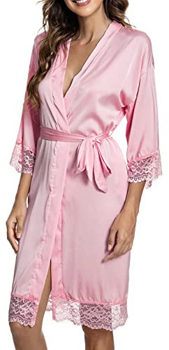 Tuopuda Kimono Femme Peignoir de Bain Bridesmaid Robe de Chambre Bride Sortie de Bain Mariage Chemise de Nuit Nuisette Pyjama avec Ceinture Vêtements de Nuit Dentelle, Rose, M